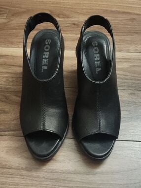 Sorel Black Leather Peep-Toe Slingback Women's Wedge Sandals